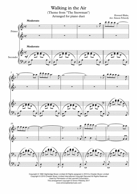 Walking In The Air From The Snowman By Howard Blake Arranged For Piano Duet 2017 Holiday Contest Entry Sheet Music