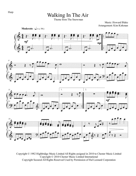 Walking In The Air From The Snowman For Harp No Levers Required Sheet Music