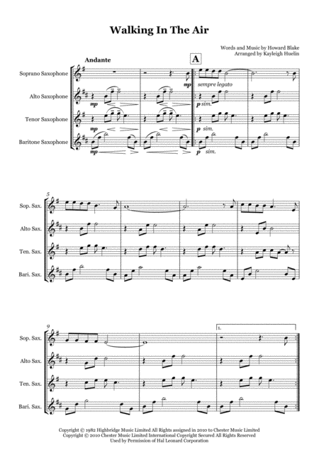 Walking In The Air From The Snowman Saxophone Quartet Satb Sheet Music