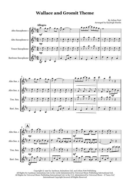 Wallace And Gromit Theme By Julian Nott Saxophone Quartet Aatb Sheet Music