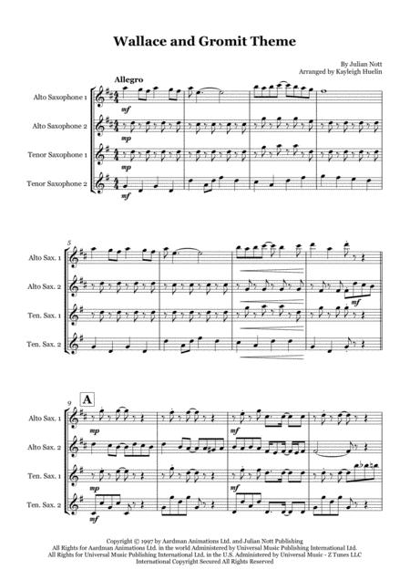 Free Sheet Music Wallace And Gromit Theme By Julian Nott Saxophone Quartet Aatt