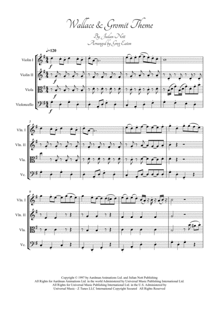 Wallace Gromit Theme Arranged For String Quartet By Greg Eaton Perfect For Gigging Quartets And Schools Score And Parts Sheet Music