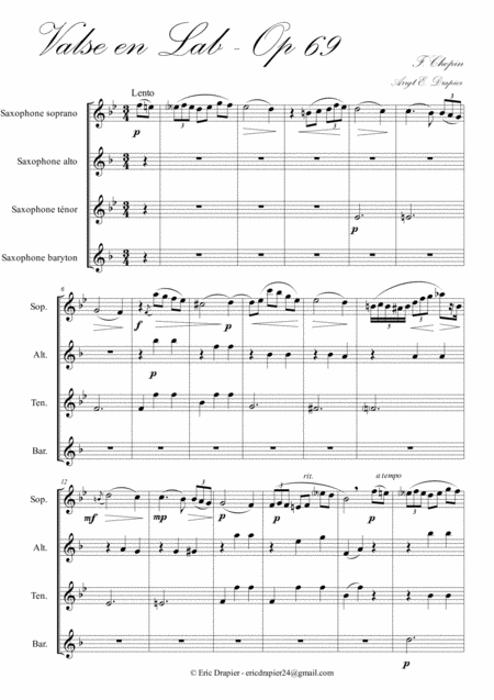 Waltz F Chopin Ab Op69 For Sax Quartet Satb Sheet Music