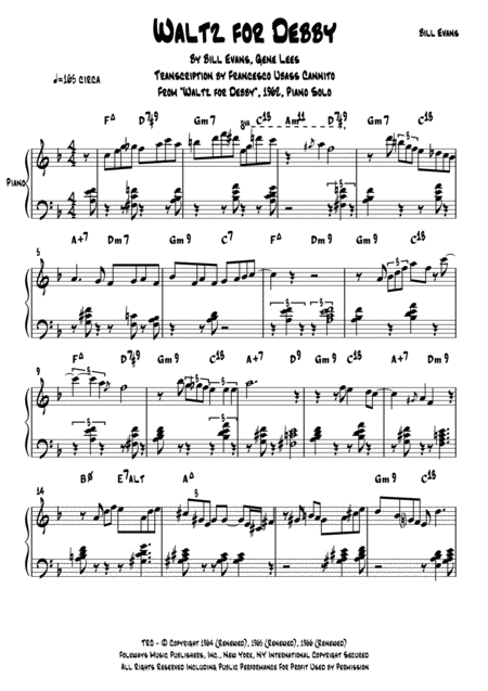 Free Sheet Music Waltz For Debby Bill Evans Solo Transcription Note For Note From Waltz For Debby 1962
