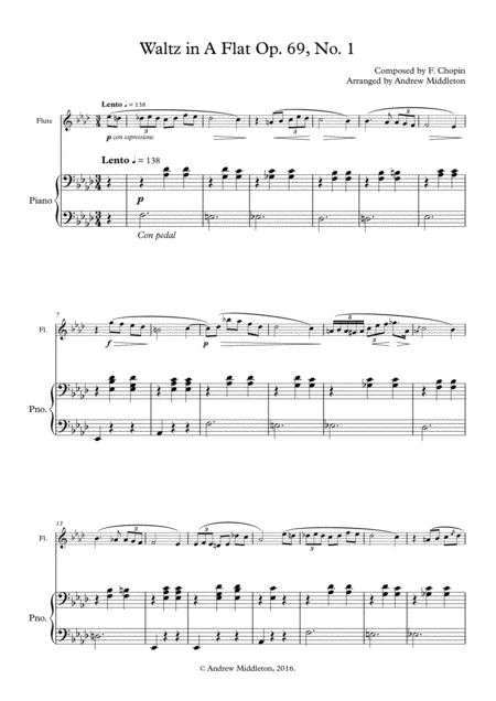 Free Sheet Music Waltz In A Flat Op 69 No 1 For Flute And Piano