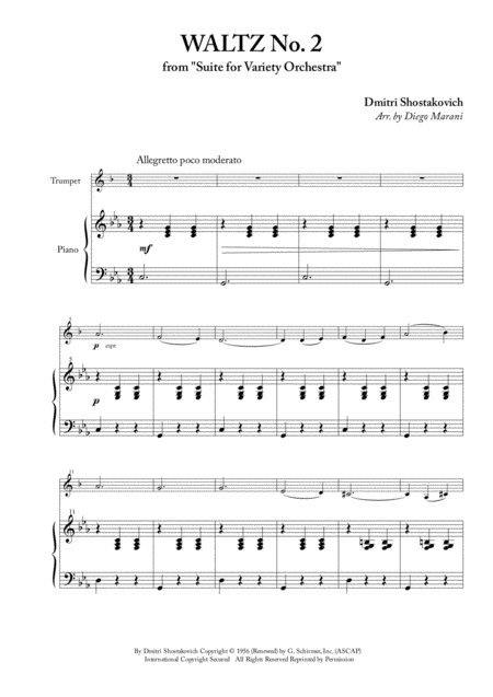 Free Sheet Music Waltz No 2 For Trumpet And Piano