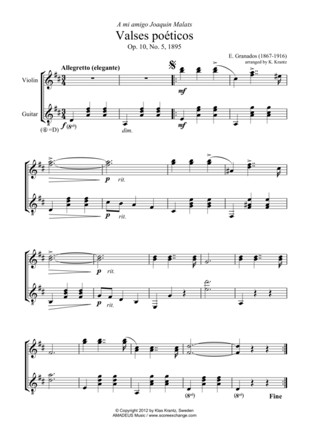 Waltz No 5 From Valses Poeticos For Violin And Guitar Sheet Music