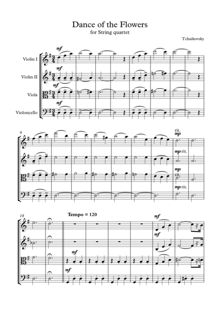 Waltz Of The Flowers From The Nutcracker For String Quartet Sheet Music