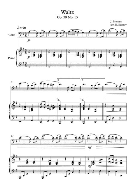 Waltz Op 39 No 15 Johannes Brahms For Cello Piano Sheet Music