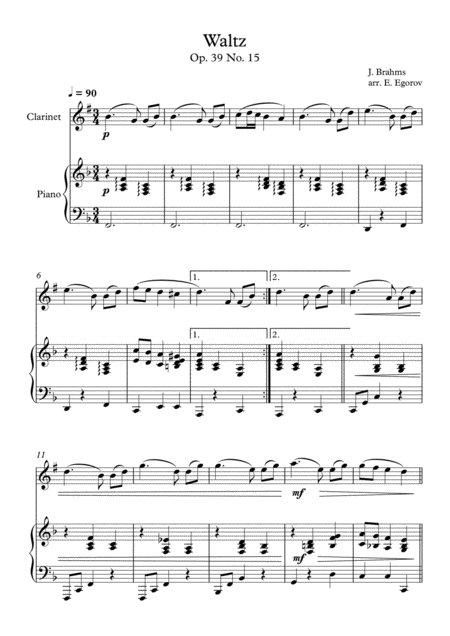 Waltz Op 39 No 15 Johannes Brahms For Clarinet Piano Sheet Music