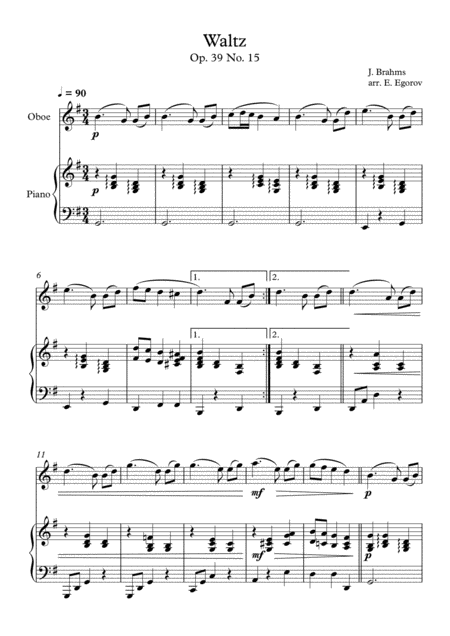 Waltz Op 39 No 15 Johannes Brahms For Oboe Piano Sheet Music