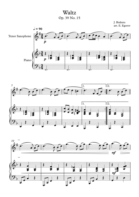 Free Sheet Music Waltz Op 39 No 15 Johannes Brahms For Tenor Saxophone Piano