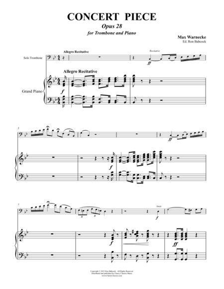 Warnecke Concert Piece Opus 28 For Trombone Piano Sheet Music