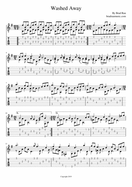 Free Sheet Music Washed Away With Tab By Brad Rau