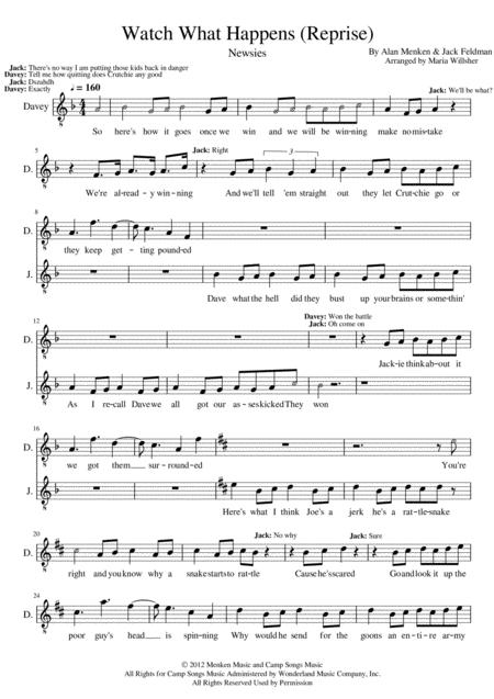 Free Sheet Music Watch What Happens Reprise Newsies Vocals