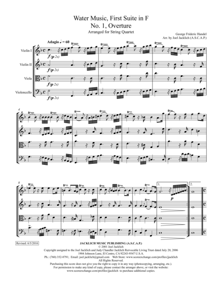 Free Sheet Music Water Music First Suite In F Major For String Quartet