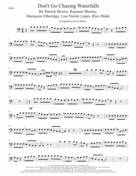 Waterfalls Cello Easy Key Of C Sheet Music