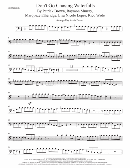 Waterfalls Euphonium Easy Key Of C Sheet Music