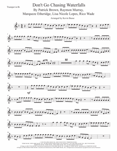 Waterfalls Trumpet Original Key Sheet Music