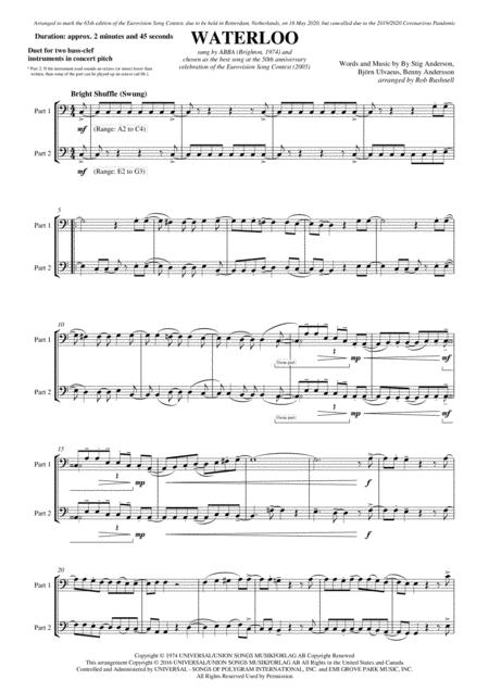 Free Sheet Music Waterloo Abba Duet For Two Bass Clef Instruments In C C Major
