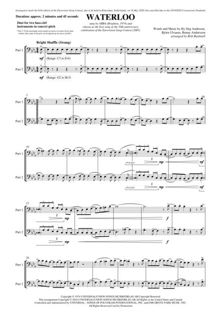 Free Sheet Music Waterloo Abba Duet For Two Bass Clef Instruments In C E Flat Major