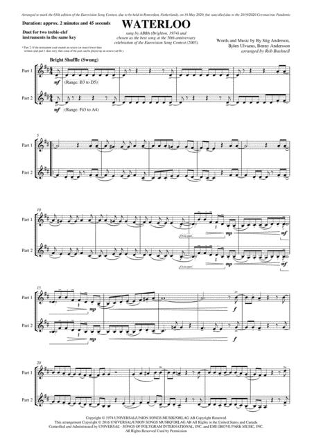 Waterloo Abba Duet For Two Treble Clef Instruments In The Same Key D Major Sheet Music