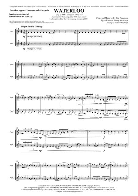 Free Sheet Music Waterloo Abba Duet For Two Treble Clef Instruments In The Same Key F Major