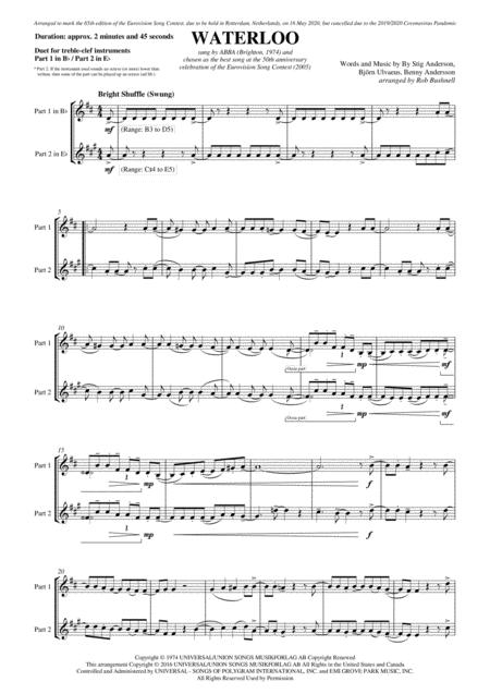 Waterloo Abba Duet For Two Treble Clef Instruments Part 1 In B Flat Part 2 In E Flat C Major Sheet Music