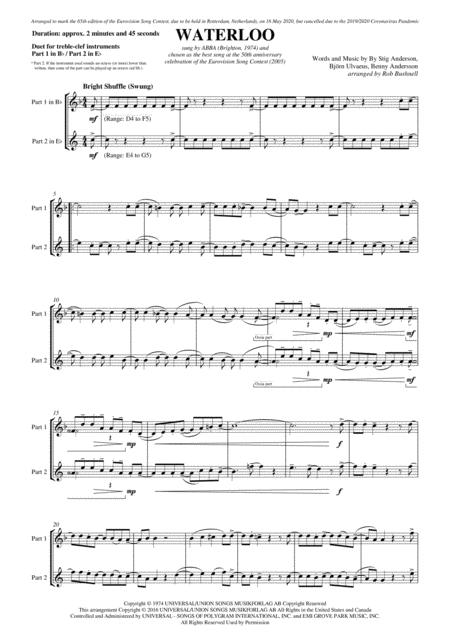 Free Sheet Music Waterloo Abba Duet For Two Treble Clef Instruments Part 1 In B Flat Part 2 In E Flat E Flat Major