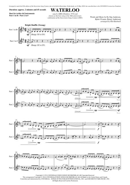 Free Sheet Music Waterloo Abba Duet For Two Treble Clef Instruments Part 1 In B Flat Part 2 In F C Major