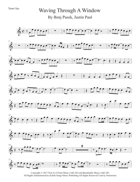 Waving Through A Window Easy Key Of C Tenor Sax Sheet Music