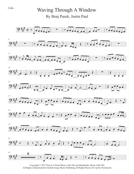 Waving Through A Window Original Key Cello Sheet Music