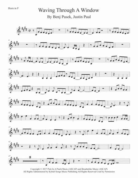 Waving Through A Window Original Key Horn In F Sheet Music