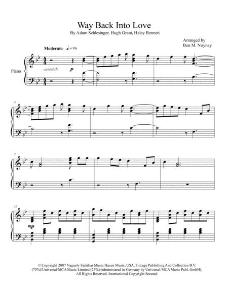 Free Sheet Music Way Back Into Love Piano Solo Intermediate