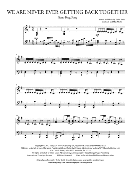 We Are Never Ever Getting Back Together Simplified Piano Solo Taylor Swift Sheet Music