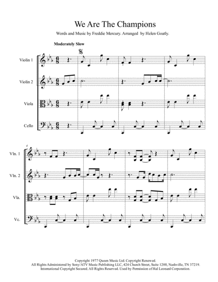 We Are The Champions Arranged For String Quartet Sheet Music