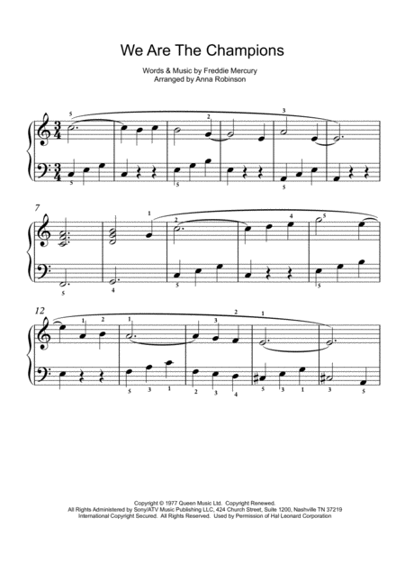 Free Sheet Music We Are The Champions Easy Beginner Piano Solo