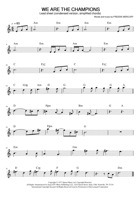 We Are The Champions Lead Sheet Simplified Chords Sheet Music