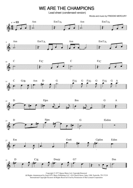 We Are The Champions Lead Sheet Sheet Music