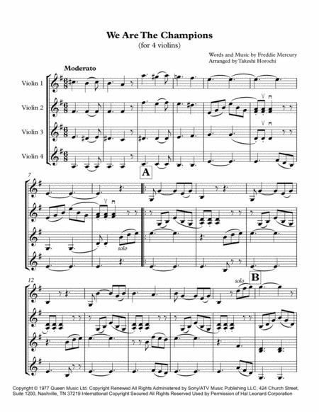 We Are The Champions Violin Quartet Sheet Music