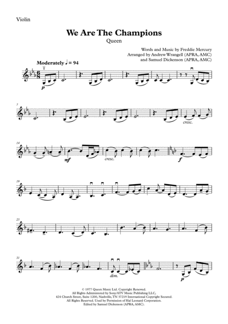 We Are The Champions Violin Solo Sheet Music