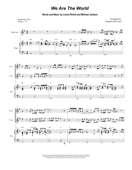 We Are The World Duet For Soprano Tenor Saxophone Sheet Music