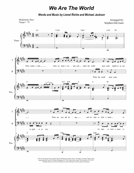 Free Sheet Music We Are The World Duet For Tenor And Bass Solo