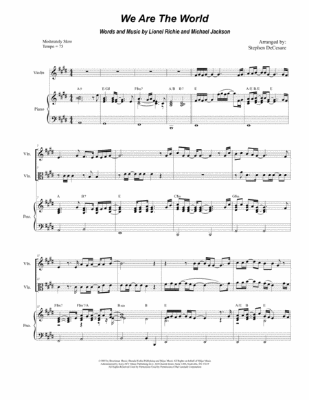 We Are The World Duet For Violin And Viola Sheet Music