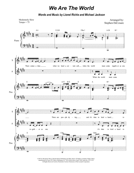 Free Sheet Music We Are The World For 2 Part Choir Sa