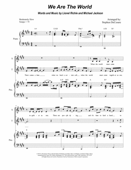 Free Sheet Music We Are The World For 2 Part Choir Soprano Tenor