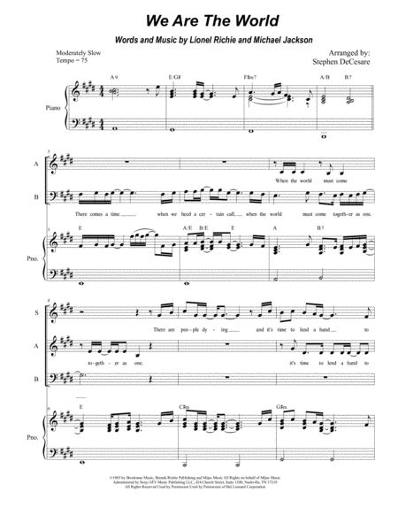 Free Sheet Music We Are The World For Sab