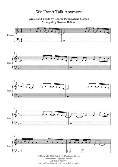 We Dont Talk Anymore D Minor By Charlie Puth Feat Selena Gomez Easy Piano Sheet Music