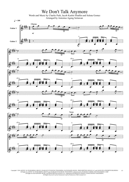 Free Sheet Music We Dont Talk Anymore Duet Guitar Score