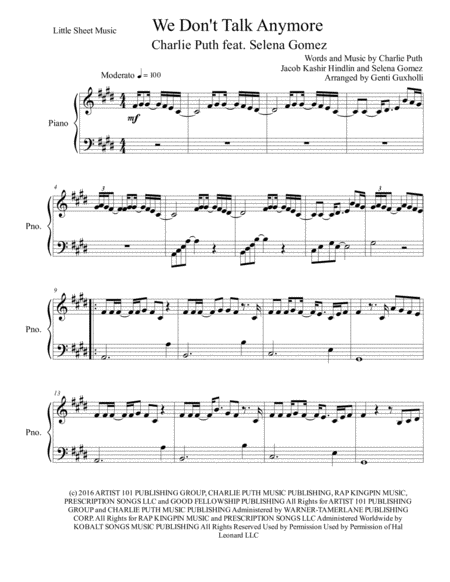 We Dont Talk Anymore Easy Piano Sheet Music